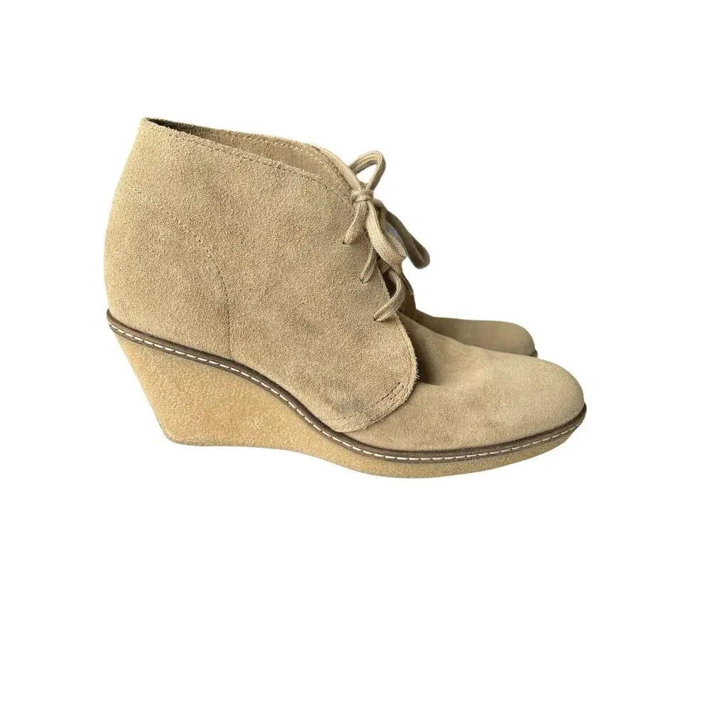 8 Medium J Crew Womens Suede Lace Up Platform Wedge Ankle Boots Beige